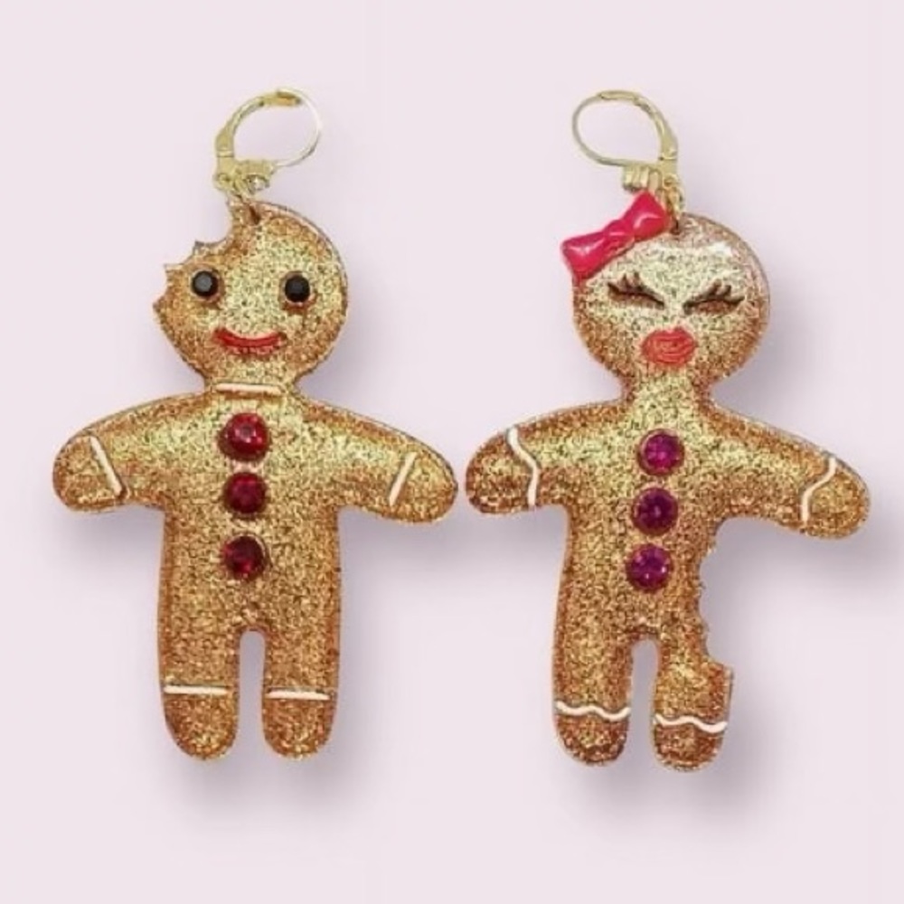 NEW Betsey Johnson Mr & Mrs Gingerbread Drop Earrings Rhinestone & Glitter